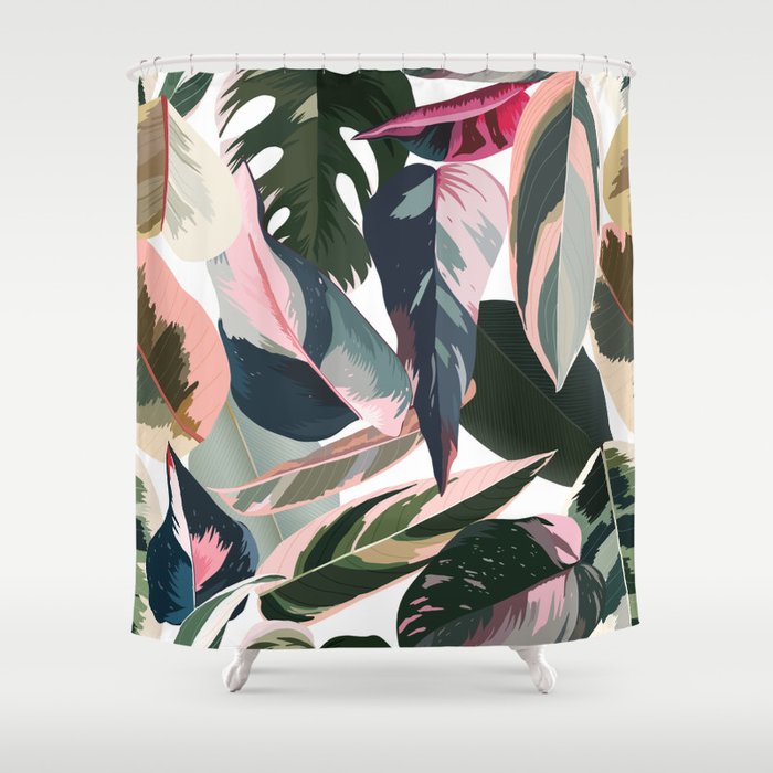 Colorful Tropical Palm Leaves on White Shower Curtain Gallery Image 1