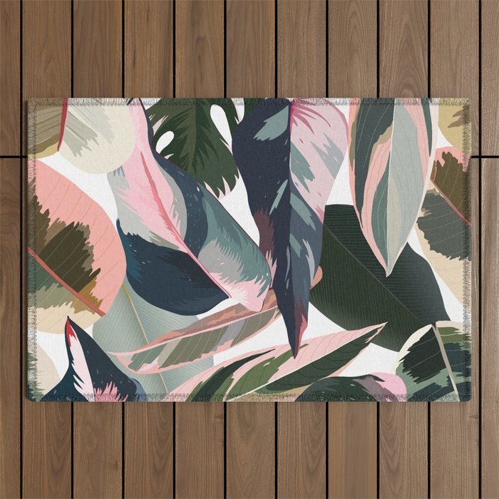 Colorful Tropical Palm Leaves on White Outdoor Rug Gallery Image 1