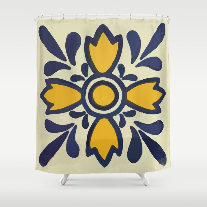 Yellow floral bold rustic talavera tile mexican interior design Shower Curtain Gallery Image 1