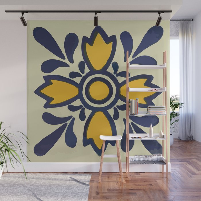 Yellow floral bold rustic talavera tile mexican interior design Wall Mural Gallery Image 1
