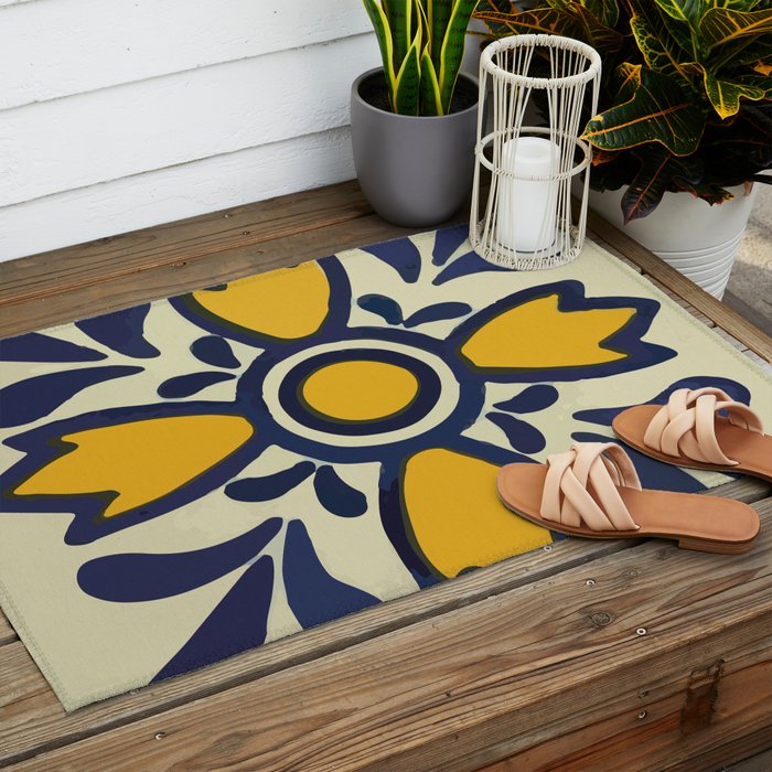 Yellow floral bold rustic talavera tile mexican interior design Outdoor Rug Gallery Image 2