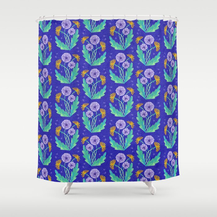 Dandelion Florals on Blue Shower Curtain Gallery Image 1