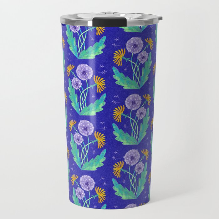 Dandelion Florals on Blue Travel Mug Gallery Image 1