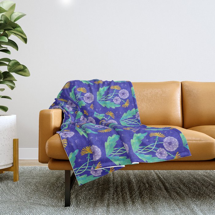 Dandelion Florals on Blue Throw Blanket Gallery Image 1