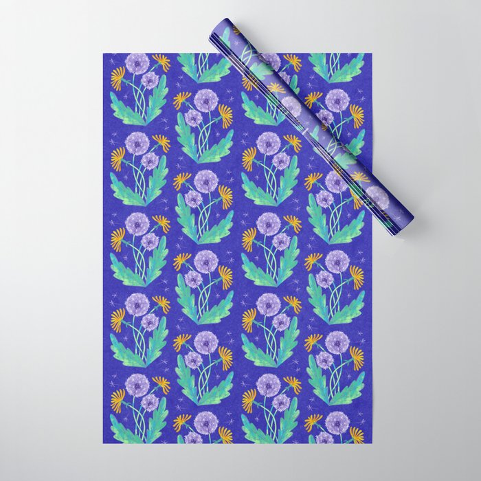 Dandelion Florals on Blue Wrapping Paper Gallery Image 1