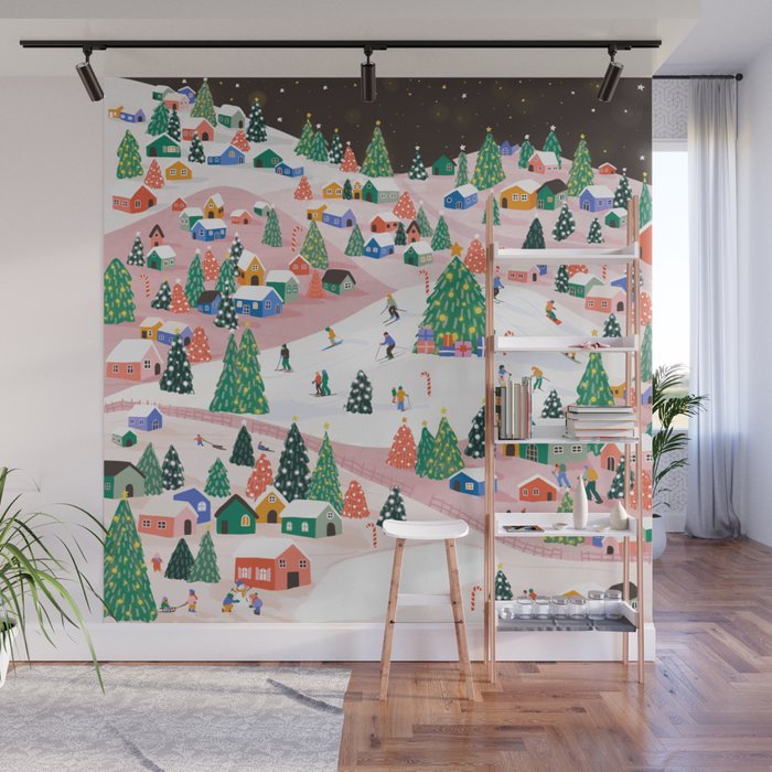 Snowy Mountain Town  A Winter Wonderland Wall Mural Gallery Image 1