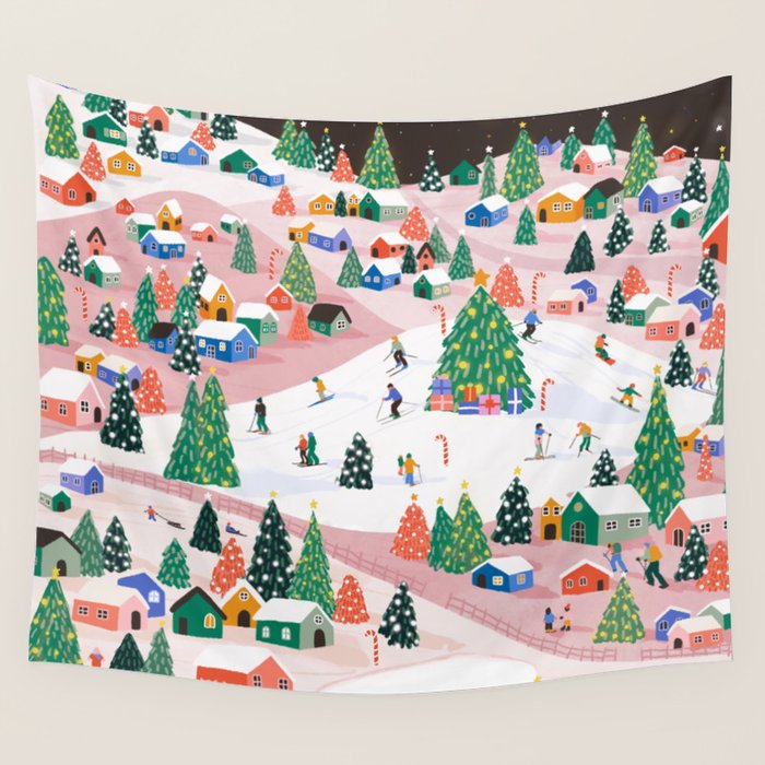 Snowy Mountain Town  A Winter Wonderland Wall Tapestry Gallery Image 4