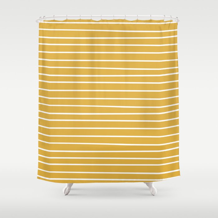 Colorful Stripes, Mustard Yellow and White, Abstract Art Shower Curtain Gallery Image 1