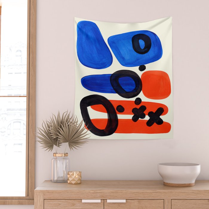 Blue Orange Fun Colorful Mid Century Modern Abstract Painting Shapes Pattern Wall Tapestry Gallery Image 2