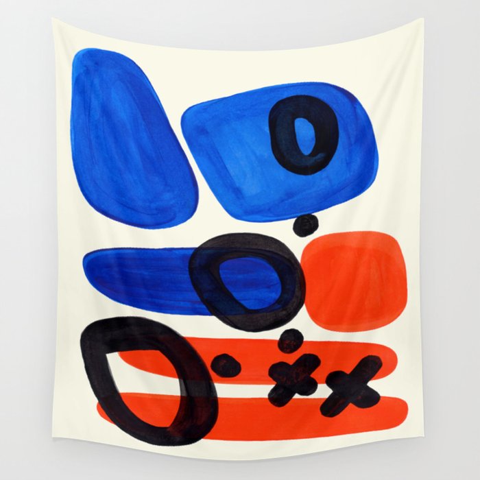 Blue Orange Fun Colorful Mid Century Modern Abstract Painting Shapes Pattern Wall Tapestry Gallery Image 1