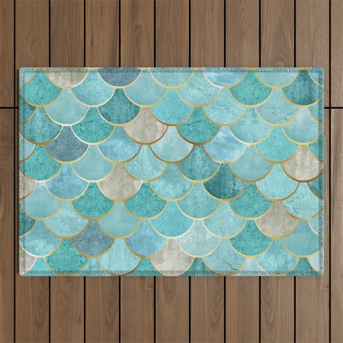Moroccan Mermaid Fish Scale Pattern, Aqua,Teal Outdoor Rug Gallery Image 1