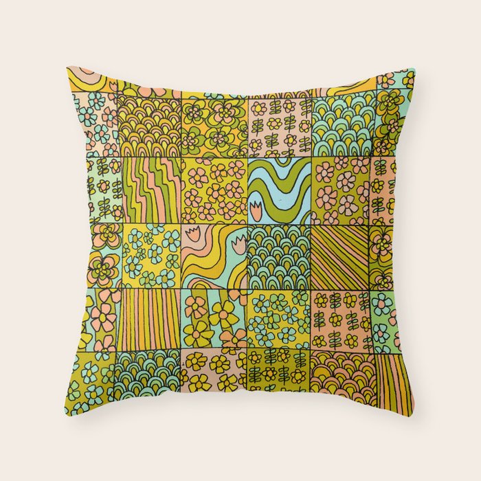 patchwork dreams retro flower quilt dreams of waves Throw Pillow Gallery Image 6