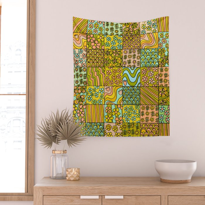 patchwork dreams retro flower quilt dreams of waves Wall Tapestry Gallery Image 2