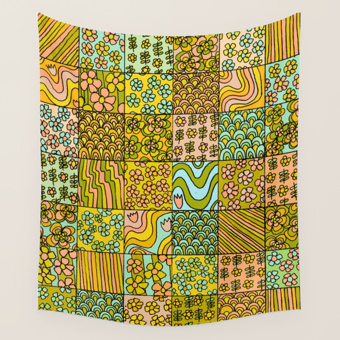 patchwork dreams retro flower quilt dreams of waves Wall Tapestry Gallery Image 4