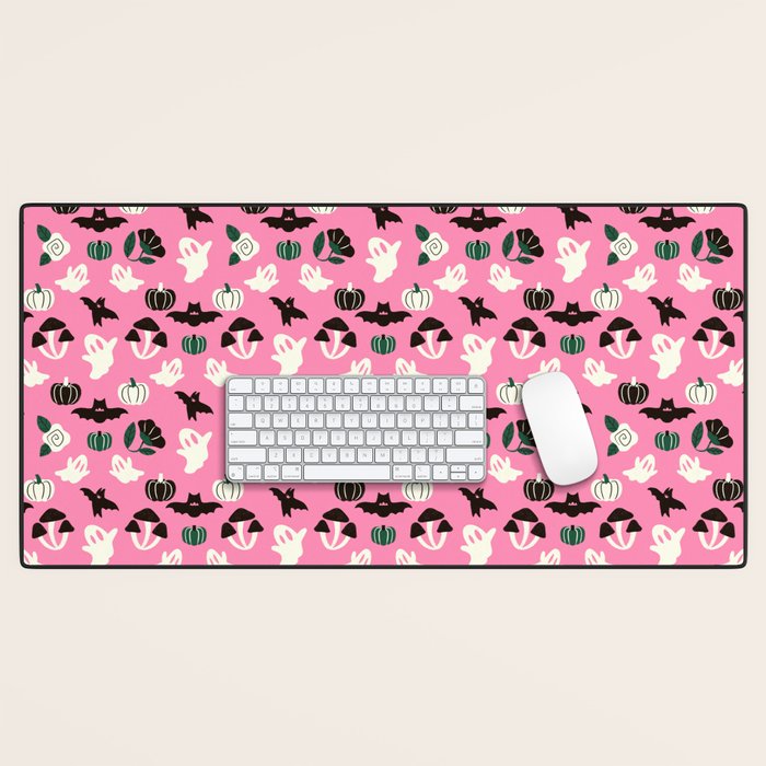 Pink Ghosts, Mushrooms, Bats, and Flowers Pattern Desk Mat Gallery Image 1