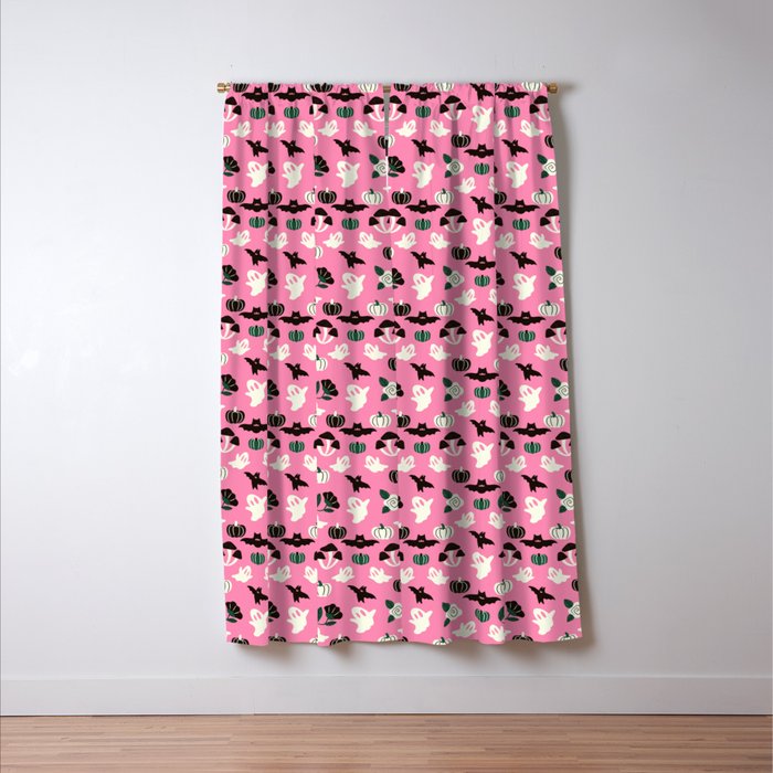 Pink Ghosts, Mushrooms, Bats, and Flowers Pattern Window Curtain Gallery Image 3