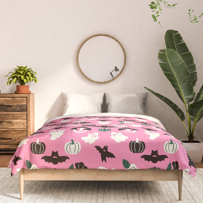 Pink Ghosts, Mushrooms, Bats, and Flowers Pattern Comforter Gallery Image 3