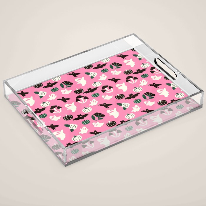 Pink Ghosts, Mushrooms, Bats, and Flowers Pattern Acrylic Tray Gallery Image 1