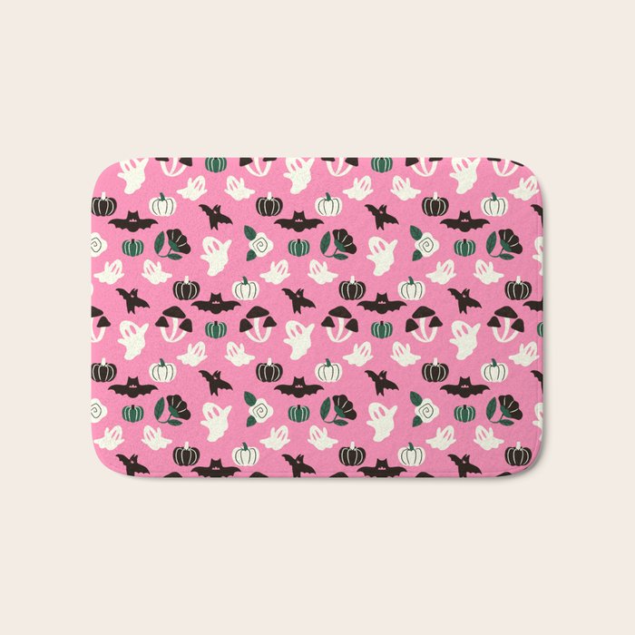Pink Ghosts, Mushrooms, Bats, and Flowers Pattern Bath Mat Gallery Image 1