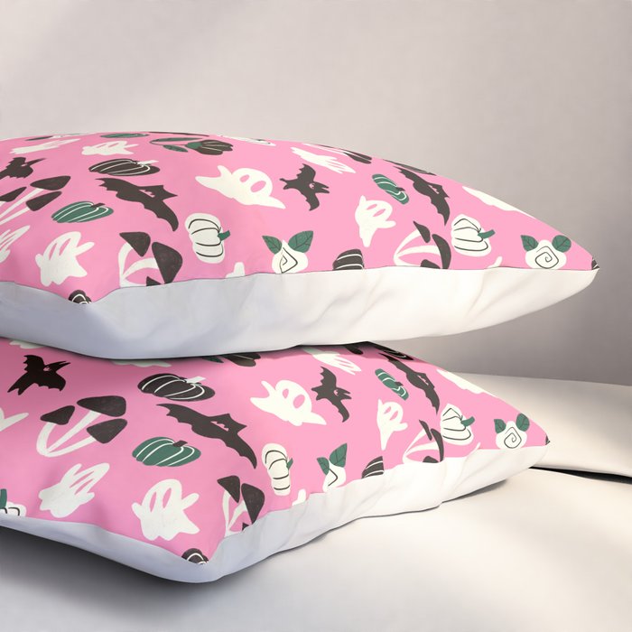 Pink Ghosts, Mushrooms, Bats, and Flowers Pattern Pillow Sham Gallery Image 3