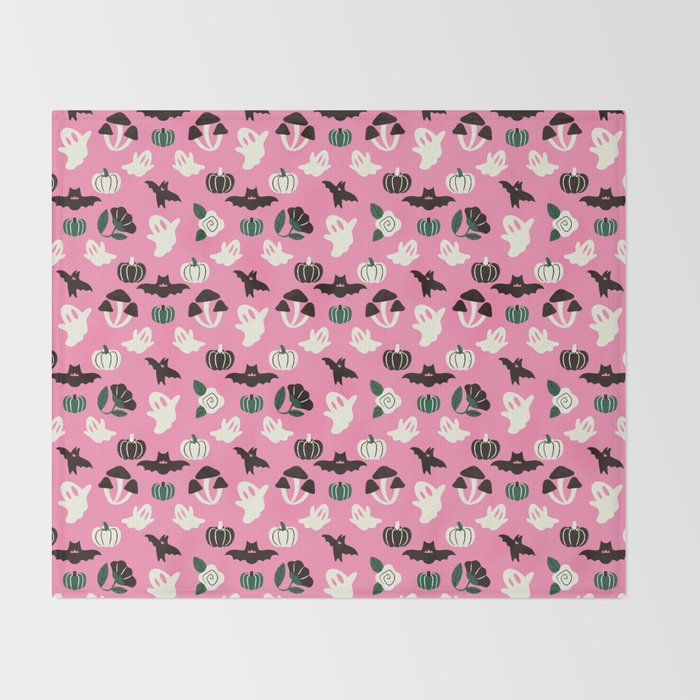 Pink Ghosts, Mushrooms, Bats, and Flowers Pattern Throw Blanket Gallery Image 2