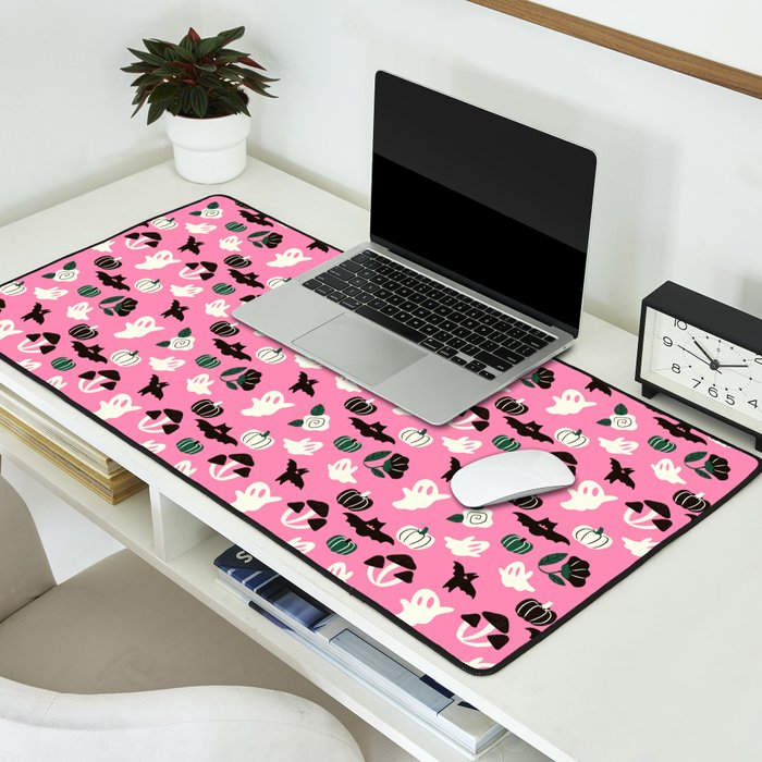 Pink Ghosts, Mushrooms, Bats, and Flowers Pattern Desk Mat Gallery Image 2
