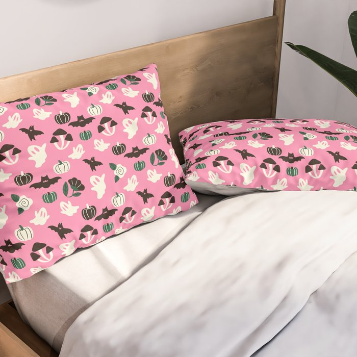 Pink Ghosts, Mushrooms, Bats, and Flowers Pattern Pillow Sham Gallery Image 2