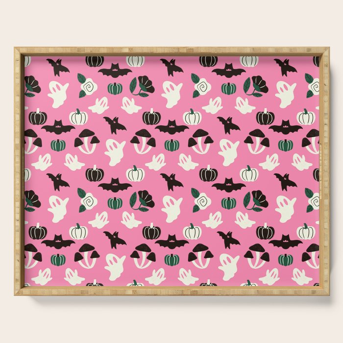 Pink Ghosts, Mushrooms, Bats, and Flowers Pattern Serving Tray Gallery Image 1