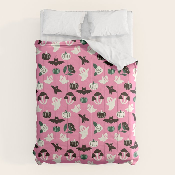 Pink Ghosts, Mushrooms, Bats, and Flowers Pattern Comforter Gallery Image 6