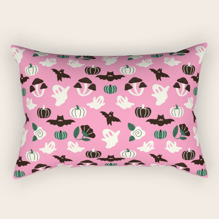 Pink Ghosts, Mushrooms, Bats, and Flowers Pattern Rectangular Pillow Gallery Image 2