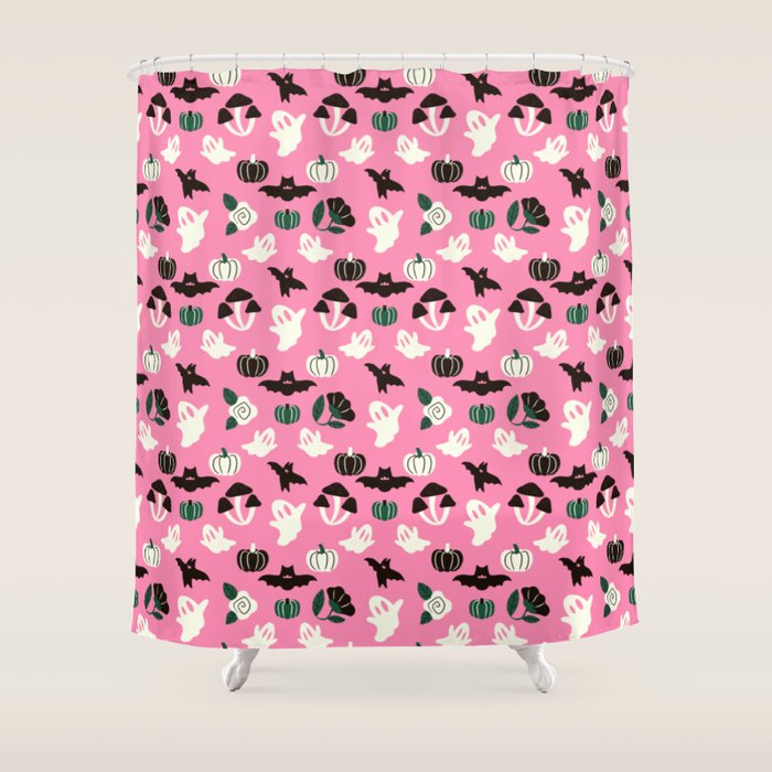 Pink Ghosts, Mushrooms, Bats, and Flowers Pattern Shower Curtain Gallery Image 1