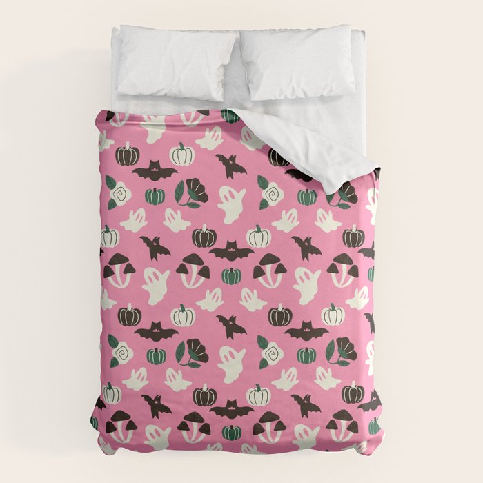 Pink Ghosts, Mushrooms, Bats, and Flowers Pattern Duvet Cover Gallery Image 6