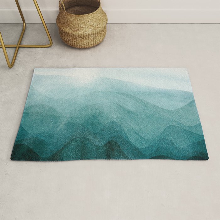 Sunrise in the mountains, dawn, teal, abstract watercolor Rug Gallery Image 1
