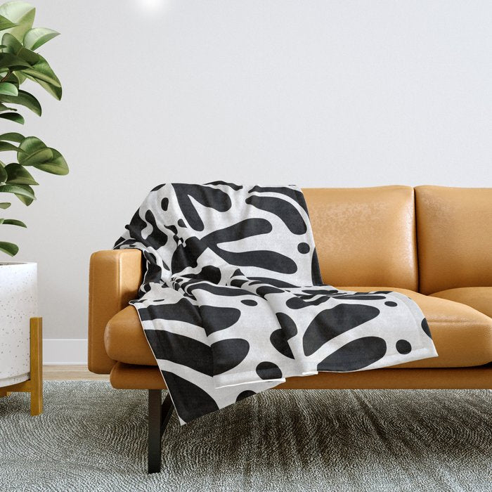Black and white organic plant leaf art pattern Throw Blanket Gallery Image 1