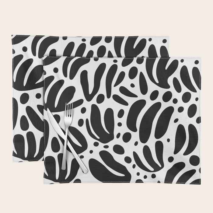 Black and white organic plant leaf art pattern Placemat Gallery Image 1