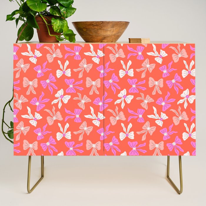 Playful Scattered Coquette Bows Vibrant Pink White Peach and Red Credenza Gallery Image 1