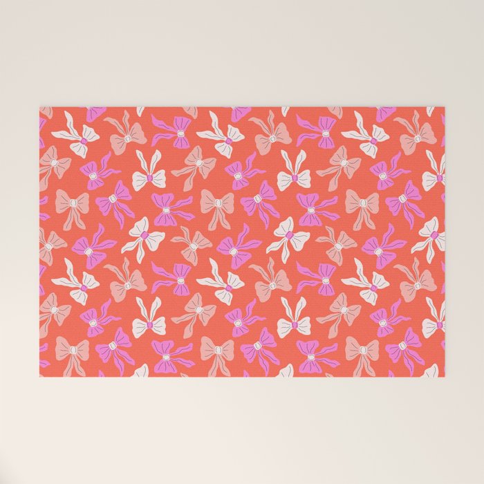 Playful Scattered Coquette Bows Vibrant Pink White Peach and Red Welcome Mat Gallery Image 1