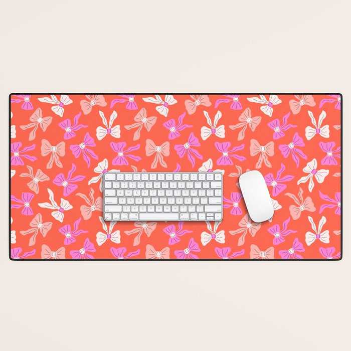 Playful Scattered Coquette Bows Vibrant Pink White Peach and Red Desk Mat Gallery Image 1