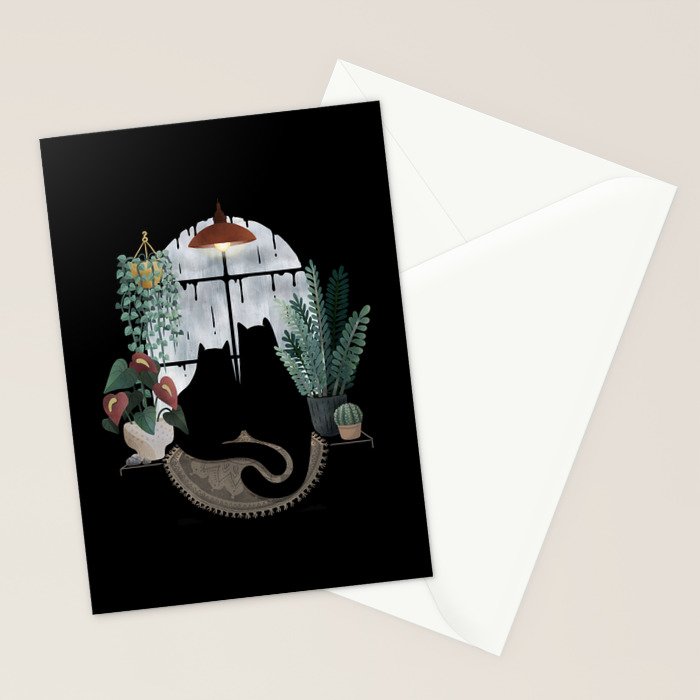 Rainy Day Cats on Black Stationery Card Gallery Image 2