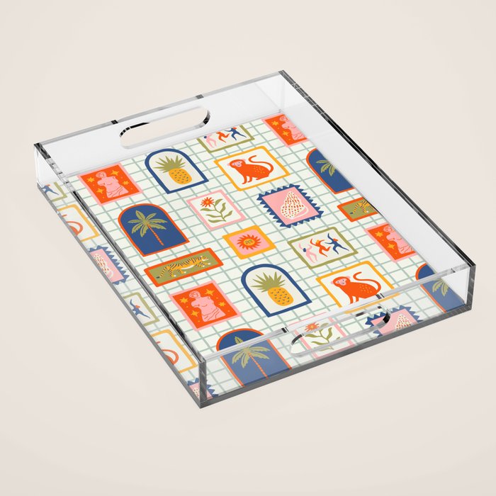 Vintage tropical summer patchwork art pattern Acrylic Tray Gallery Image 1