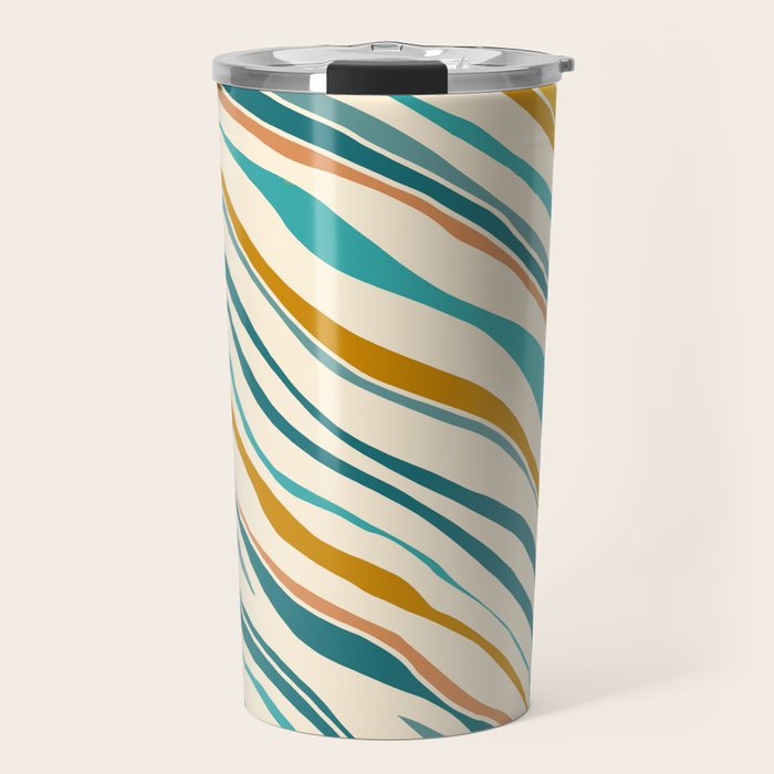  Teal and Gold Ocean Stripes Travel Mug Gallery Image 1