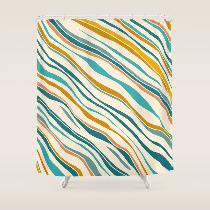  Teal and Gold Ocean Stripes Shower Curtain Gallery Image 1