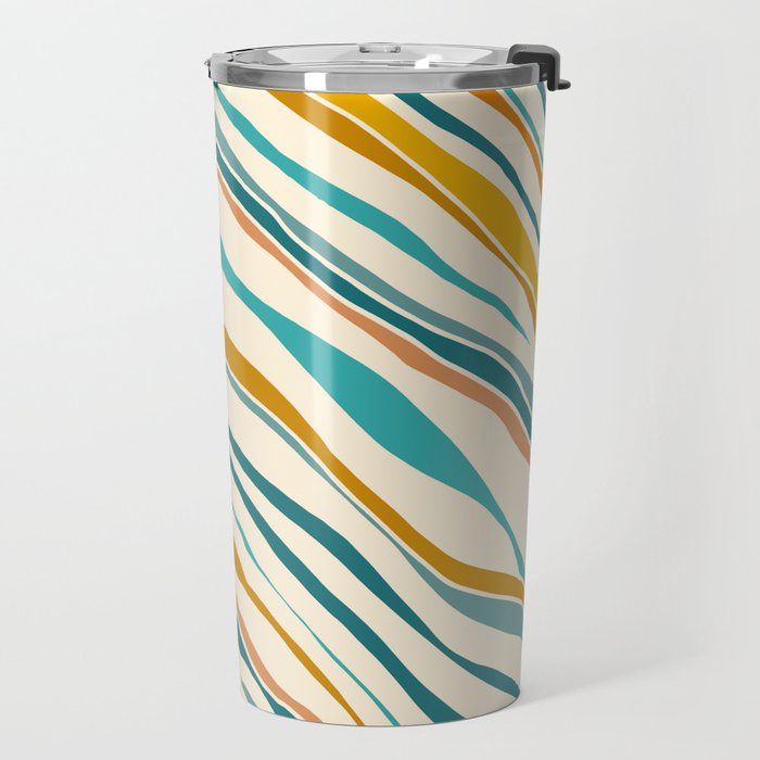  Teal and Gold Ocean Stripes Travel Mug Gallery Image 2