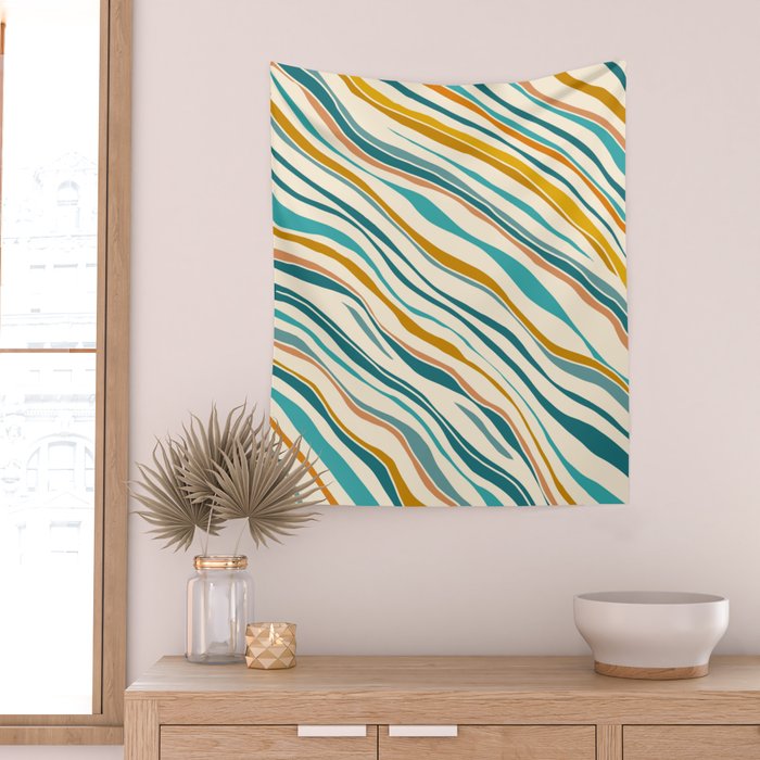  Teal and Gold Ocean Stripes Wall Tapestry Gallery Image 2