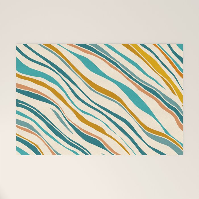  Teal and Gold Ocean Stripes Welcome Mat Gallery Image 1