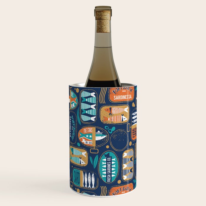 Vintage canned sardines // navy blue background peacock teal and gold drop orange cans  Wine Chiller Gallery Image 2