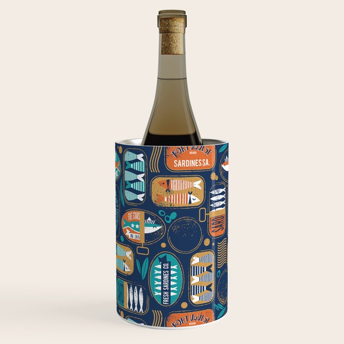 Vintage canned sardines // navy blue background peacock teal and gold drop orange cans  Wine Chiller Gallery Image 3