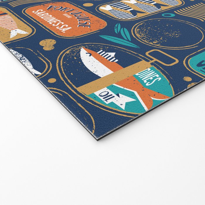 Vintage canned sardines // navy blue background peacock teal and gold drop orange cans  Welcome Mat Gallery Image 2