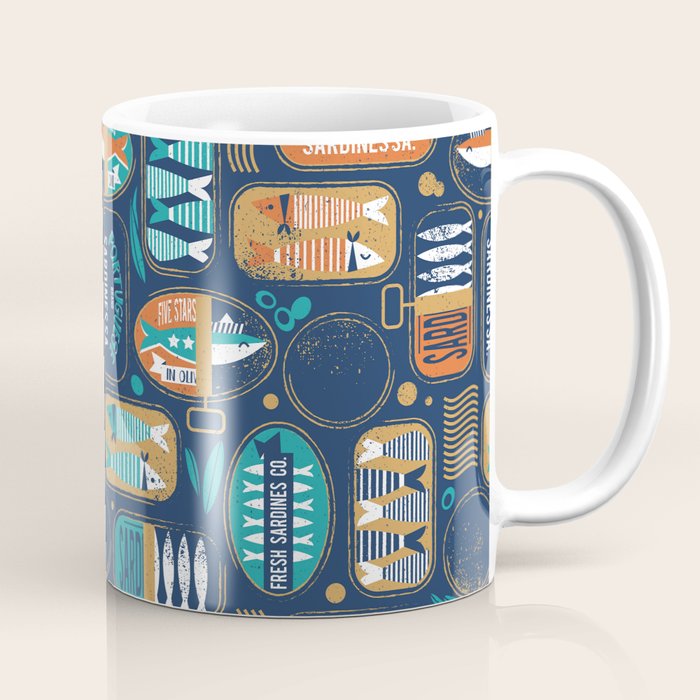 Vintage canned sardines // navy blue background peacock teal and gold drop orange cans  Coffee Mug Gallery Image 1