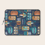 Vintage canned sardines // navy blue background peacock teal and gold drop orange cans  Laptop Sleeve Gallery Image 1